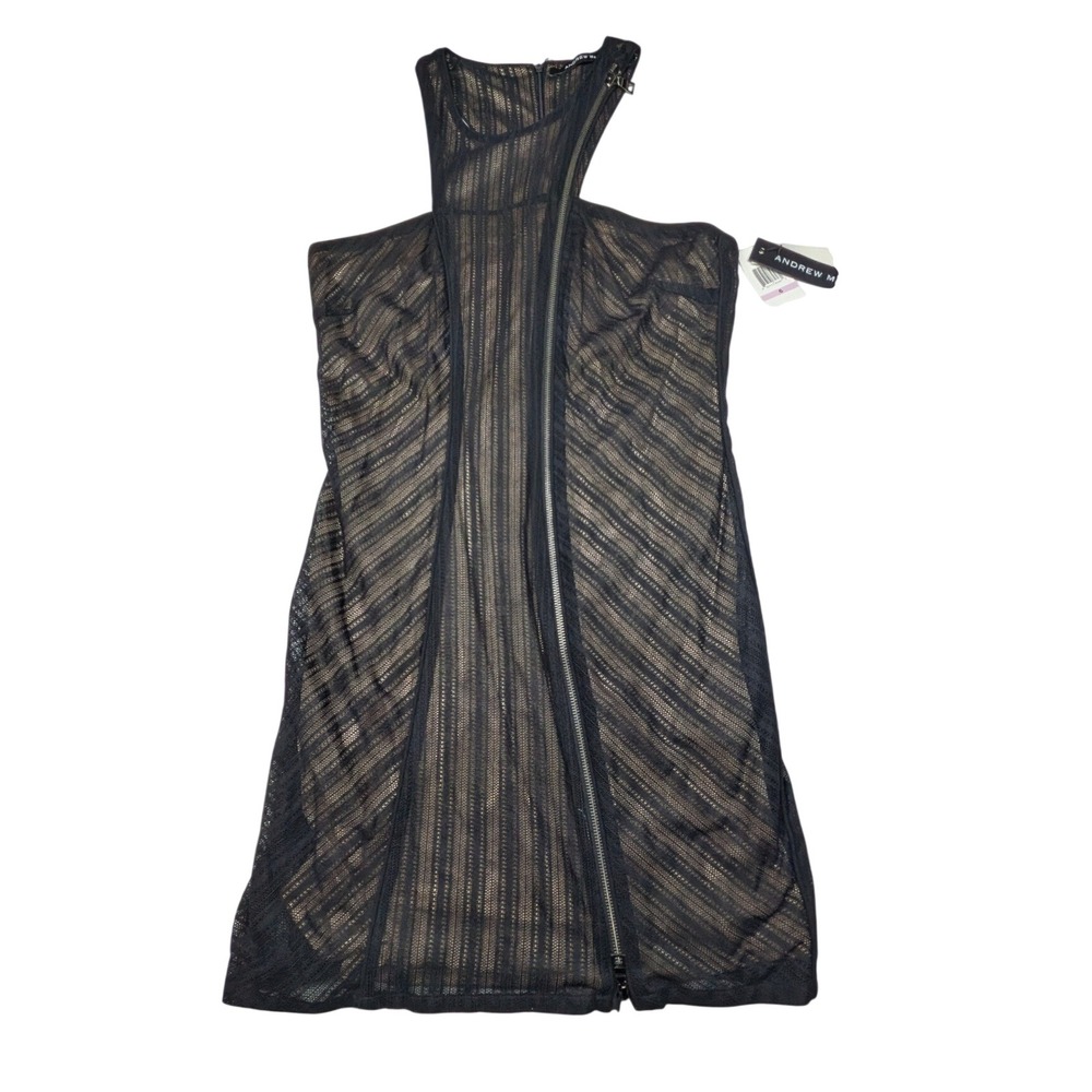 Andrew Marc Black Mesh Mini Dress Y2K Asymmetric Zip Nude Lining Sleeveless 6